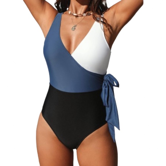 Women’s Coloured Blocked One Piece Bathing Suit - Picture 1 of 8